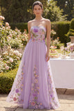 Lila strapless tule A-lijn geborduurde lange bloemenjurk