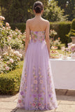 Lila strapless tule A-lijn geborduurde lange bloemenjurk