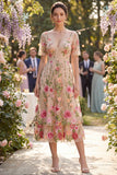Blush V-hals tule A-lijn geborduurde midi bloemenjurk met korte mouwen
