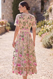 Blush V-hals tule A-lijn geborduurde midi bloemenjurk met korte mouwen