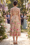 Blush V-hals tule A-lijn geborduurde midi bloemenjurk met korte mouwen