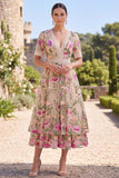 Blush V-hals tule A-lijn geborduurde midi bloemenjurk met korte mouwen