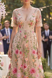 Blush V-hals tule A-lijn geborduurde midi bloemenjurk met korte mouwen