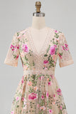 Blush V-hals tule A-lijn geborduurde midi bloemenjurk met korte mouwen