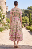 Blush V-hals tule A-lijn geborduurde midi bloemenjurk met korte mouwen