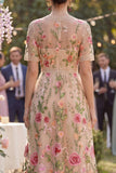 Blush V-hals tule A-lijn geborduurde midi bloemenjurk met korte mouwen