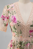 Blush V-hals tule A-lijn geborduurde midi bloemenjurk met korte mouwen