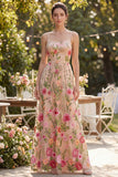 Blush tule A-lijn geborduurde lange bloemenjurk