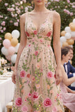 Tule A-lijn blush V-hals geborduurde bloemen midi jurk