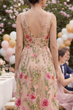 Tule A-lijn blush V-hals geborduurde bloemen midi jurk