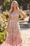 Tule A-Line blush strapless geborduurde bloemenjurk midi jurk