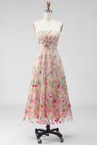 Tule A-Line blush strapless geborduurde bloemenjurk midi jurk