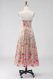 Tule A-Line blush strapless geborduurde bloemenjurk midi jurk