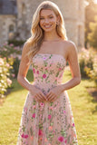 Tule A-Line blush strapless geborduurde bloemenjurk midi jurk