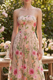 Tule A-Line blush strapless geborduurde bloemenjurk midi jurk