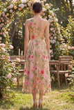 Tule eenschouders A-lijn blush geborduurde bloemenjurk midi jurk