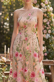 Tule eenschouders A-lijn blush geborduurde bloemenjurk midi jurk