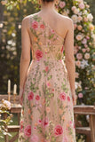 Tule eenschouders A-lijn blush geborduurde bloemenjurk midi jurk