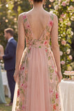 A-lijn tule V-hals blush geborduurde midi bloemenjurk