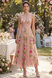 Blush A-lijn geborduurde tule V-hals korset bloemen midi jurk