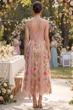 Blush A-lijn geborduurde tule V-hals korset bloemen midi jurk
