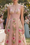 Blush A-lijn geborduurde tule V-hals korset bloemen midi jurk