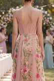 Blush A-lijn geborduurde tule V-hals korset bloemen midi jurk