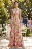 Blush A-lijn geborduurde tule halter hals lange bloemenjurk