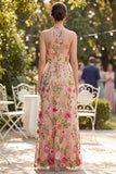 Blush A-lijn geborduurde tule halter hals lange bloemenjurk