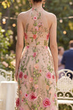 Blush A-lijn geborduurde tule halter hals lange bloemenjurk