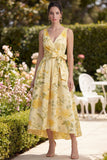 Geel Floral Butter V-hals A-lijn midi-jurk met strik