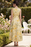 Geel Floral Butter V-hals A-lijn midi-jurk met strik