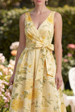Geel Floral Butter V-hals A-lijn midi-jurk met strik