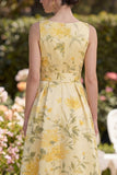 Geel Floral Butter V-hals A-lijn midi-jurk met strik