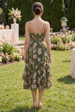 Donkergroene bloemen V-hals A-lijn gerimpelde midi-jurk met ruches