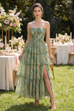 Stoffige groene strapless A-lijn korset Maxi bloemenjurk met ruches