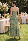 Stoffige groene strapless A-lijn korset Maxi bloemenjurk met ruches