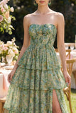 Stoffige groene strapless A-lijn korset Maxi bloemenjurk met ruches