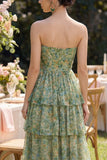 Stoffige groene strapless A-lijn korset Maxi bloemenjurk met ruches
