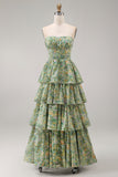 Stoffige groene strapless A-lijn korset Maxi bloemenjurk met ruches
