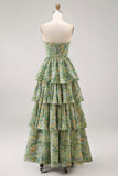 Stoffige groene strapless A-lijn korset Maxi bloemenjurk met ruches