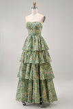 Stoffige groene strapless A-lijn korset Maxi bloemenjurk met ruches
