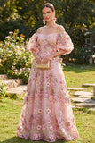 Off-the-shoulder roze fuchsia A-lijn tule geappliqueerde lange bloemenjurk met puffmouwen