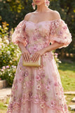 Off-the-shoulder roze fuchsia A-lijn tule geappliqueerde lange bloemenjurk met puffmouwen