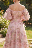 Off-the-shoulder roze fuchsia A-lijn tule geappliqueerde lange bloemenjurk met puffmouwen