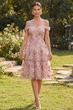 Roze Fuchsia A-lijn tule off-the-shoulder geappliqueerde bloemenjurk midi jurk