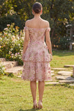 Roze Fuchsia A-lijn tule off-the-shoulder geappliqueerde bloemenjurk midi jurk