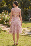 A-lijn tule roze fuchsia V-hals geappliqueerde bloemen midi jurk