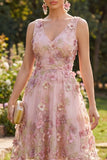A-lijn tule roze fuchsia V-hals geappliqueerde bloemen midi jurk