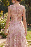 A-lijn tule roze fuchsia V-hals geappliqueerde bloemen midi jurk